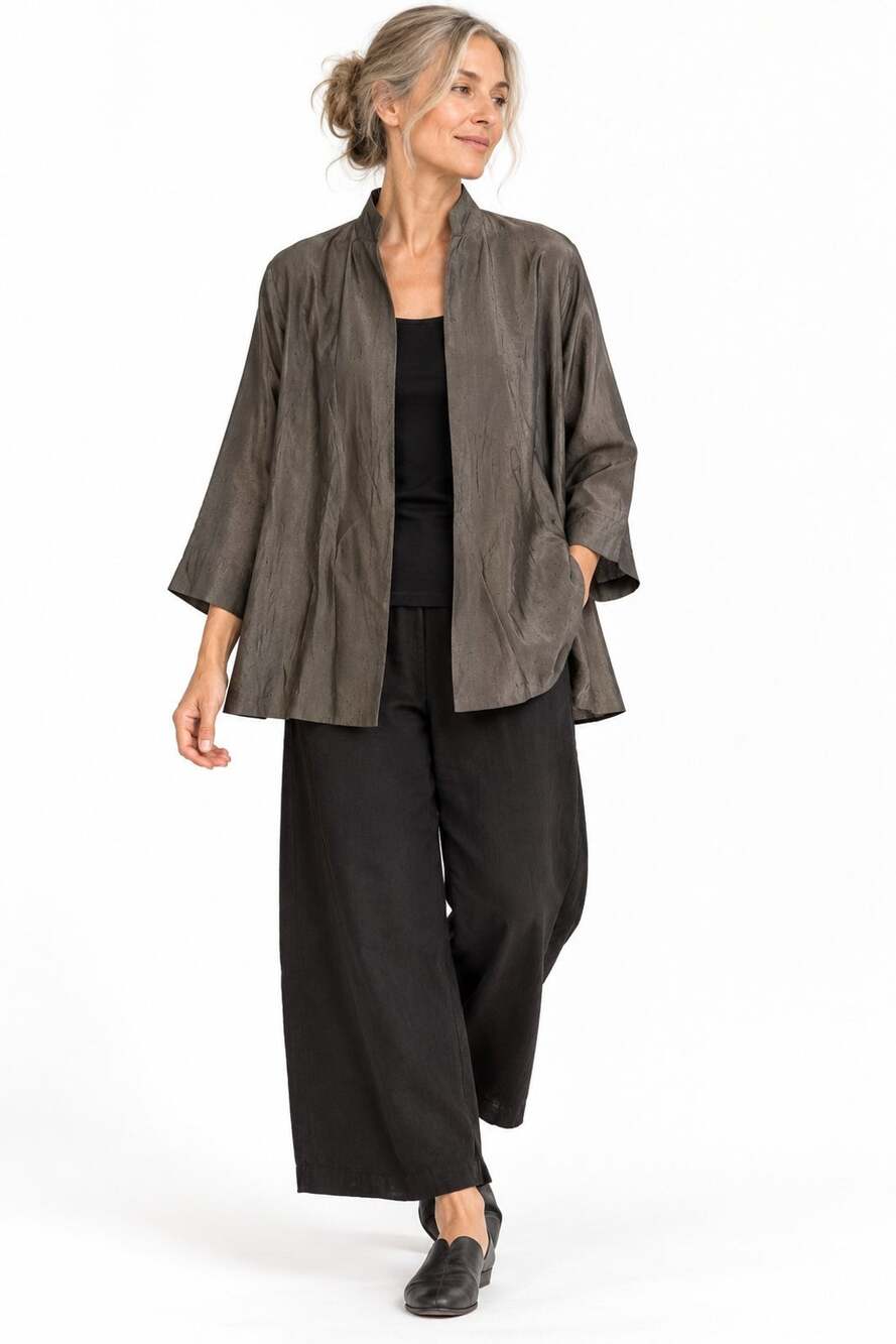 Eileen Fisher PL Petite L 100% Silk Open Front Jacket Gray Textured Lagenlook